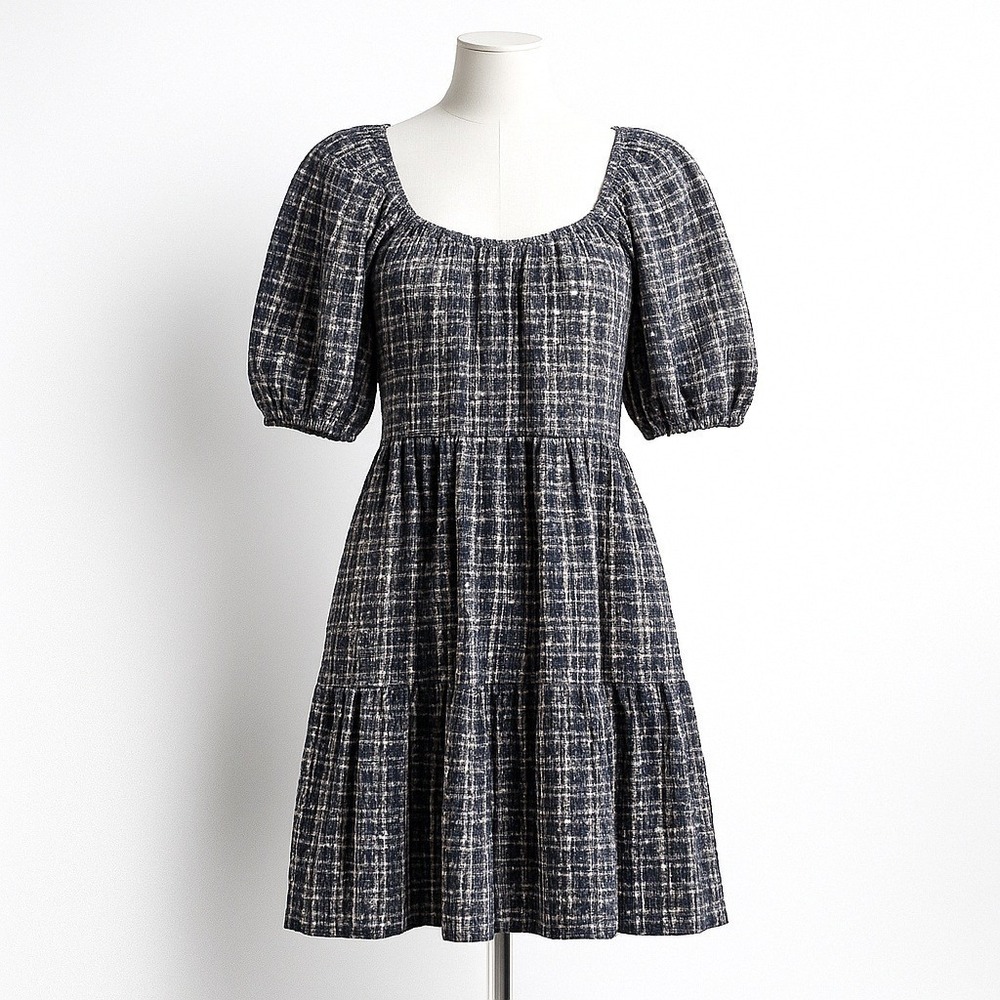 Black White Plaid Check Puff Sleeve Square Neck Midi Dress S‎ Cottagecore Preppy